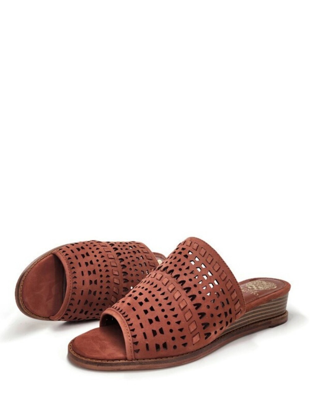 Vince Camuto Rallema Brown Die-Cut Leather Mule Demi Wedge Slide-On Sandals NWOT
